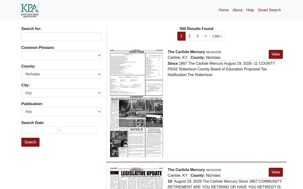 Kentucky public notice archive search for Nicholas County news records