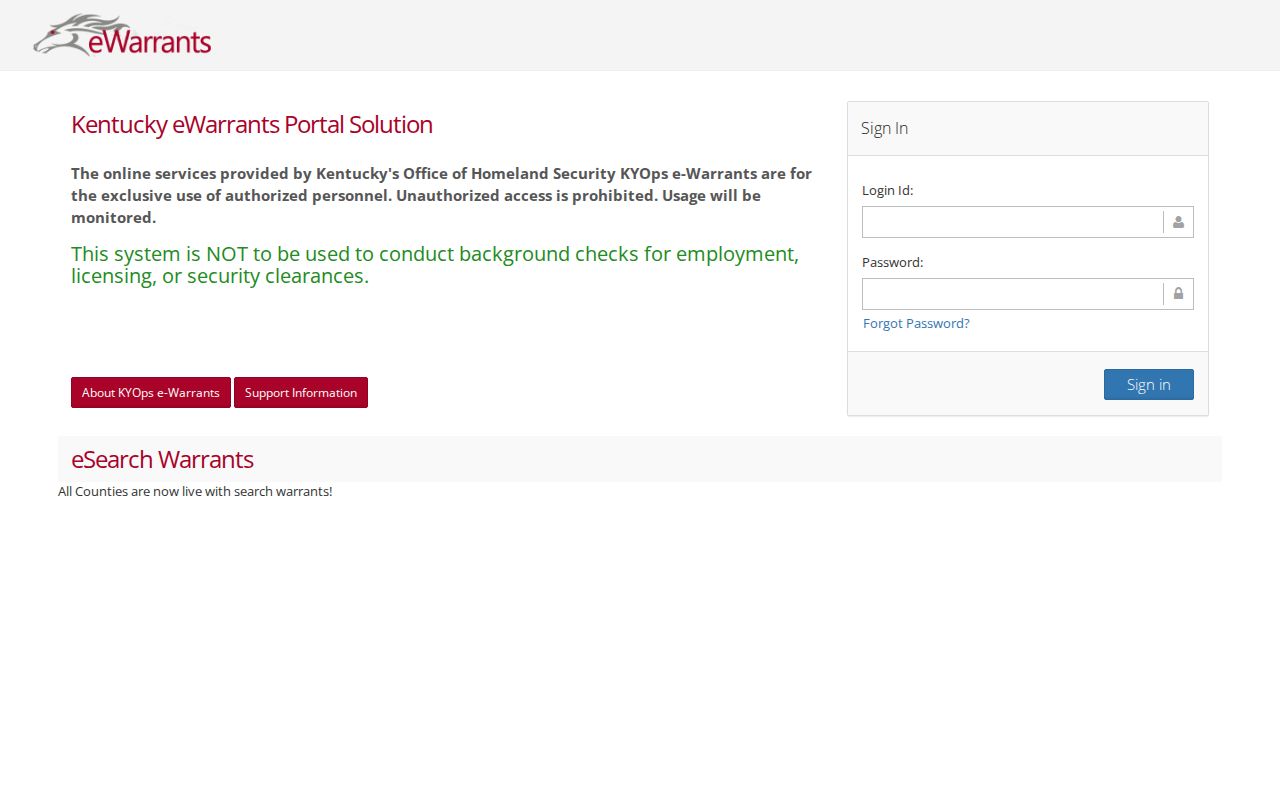 Kentucky eWarrants authorized access page for Nicholas County warrant records
